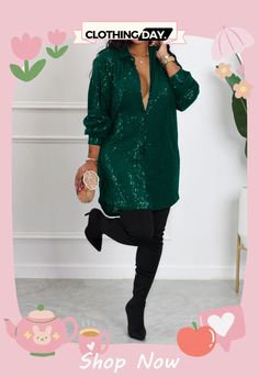 Sequin Loose Shirt Dress Green V-neck Shirt Dress For Fall, Trendy Long Sleeve Shirt Dress For Date Night, Casual Fall Party Blouse, Casual Long Sleeve Shirt Dress For Party, Casual Blouse For Fall Party, Fitted Shirt Dress For Fall Party, Long Sleeve Shirt Dress For Summer Nights, Elegant Collared Stretch Dress, Casual Mini Shirt Dress For Party