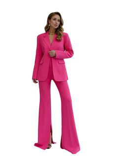 2-piece Womens Blazer Trouser Suit for office, business meetings, formal events and special occasions. Also perfectly combines with sneakers so after a long and tiring business day you can change you heels to sneakers and still look chic. DETAILS -  flared pants with slits  -  pants inseam 36,6 inches or 93 cm -  total pants length is 47,2 in or 120 cm -  slim fit   -  high rise -  blazer is buttoned -  blazer length is 27,5 in or 70cm -  sleeve length is 25,6 in or 65 cm -  single Breasted -  l Elegant Pink Pantsuit For Party, Tailored Pink Suits For Party, Pink Blazer With Suit Collar For Office, Pink Notch Lapel Suits For Parties, Pink Suit Collar Blazer For Office, Spring Office Wear Pink Pantsuit, Spring Pink Pantsuit For Office Wear, Tailored Pink Pantsuit For Party, Tailored Pink Pantsuit For Business Casual