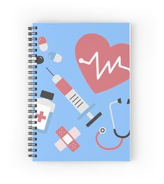 a spiral notebook with various medical items surrounding it on a light blue background, including a heart and stethoscopes