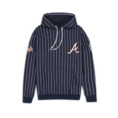 The Atlanta Braves Logo Select Pinstripe Hoodie features a chenille applique Braves logo at the left chest with team patches at each sleeve and an embroidered team wordmark at the rear. Fabric: 52% polyester, 42% cotton, 6% spandex Throwback Team-colored Hoodie For Game Day, Collegiate Tops With Drawstring Hood For Sports Events, Game Day Hoodie With Ribbed Cuffs, Collegiate Team-colored Hooded Sweatshirt, Team-colored Throwback Hoodie For Sports, Team-colored Throwback Sweatshirt For Sports, Throwback Team-colored Sweatshirt For Sports Events, Game Day Throwback Hooded Sweatshirt, Sports Event Hoodie With Double-lined Hood