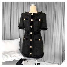 Medium dress with Jewel metal buttons. Regular Crew-Neck. Single reinforced needle stitching. Chanel Inspired, Perfect Figure, Medium Dress, Tweed Dress, Tweed Fabric, Patterns In Nature, Plaid Dress, Above Knee, Stylish Dresses