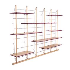 three bookshelves with wooden shelves and metal bars on each shelf, against a white background