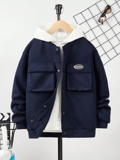 Tween Boy's Casual Jacket Suitable For Commuting, School, Daily Leisure, Sports, Autumn/Winter Season Navy Blue Casual  Long Sleeve Knitted Fabric Colorblock,Letter Other Medium Stretch  Tween Boys Clothing, size features are:Bust: ,Length: ,Sleeve Length: Boy Outerwear, Boys Jacket, Boys Casual, Boys Clothing, Casual Jacket, Long Sleeve Knit, Winter Season, Boy's Clothing, Bleu Marine