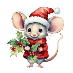 a mouse wearing a santa hat and holding holly