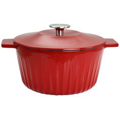 a red casserole dish with a lid