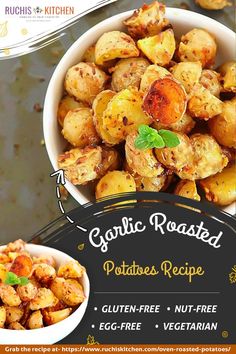 an advertisement for garlic roasted potatoes recipe