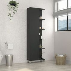 a white toilet sitting next to a tall black cabinet