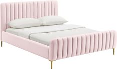 a pink bed with white sheets and pillows on it's headboard, in front of a white background