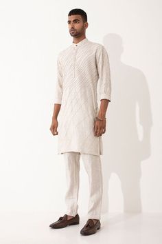 Ivory straight kurta featuring pintucks in geometric pattern. Paired with a solid straight pant. - Aza Fashions Men Kurta, Straight Kurta, Kurta With Pants, Straight Pants, Pin Tucks, Aza Fashion, Mens Pants, Geometric Pattern, For Men