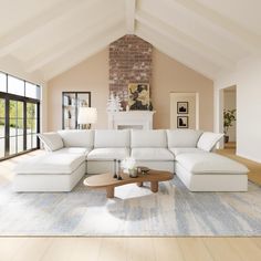 a living room filled with furniture and a fire place in the middle of a room