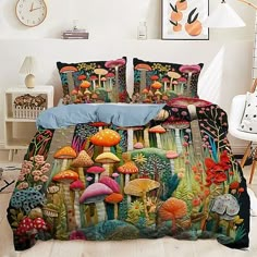 a bed covered in colorful mushrooms and plants