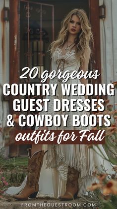 a woman wears country wedding guest dress and cowboy boots for fall, western outfits Country Chic Wedding Guest Attire, Western Wedding Guest Dresses With Boots, Western Wedding Outfits, Wedding Outfits Guest, Country Wedding Guest Outfit, Western Wedding Outfits Guest, Western Wedding Guest Outfit, Country Wedding Outfit, Country Wedding Guest Dress