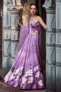 Shop for NEHA SAXENA Purple Modal Silk Hand Embroidered Corset Top Lehenga Set for Women Online at Aza Fashions Neha Saxena, Embroidered Corset Top, Lavender Color Dress, Scalloped Dupatta, Lavender Lehenga, Painted Magnolia, Purple Magnolia, Guitar Birthday, Top Lehenga