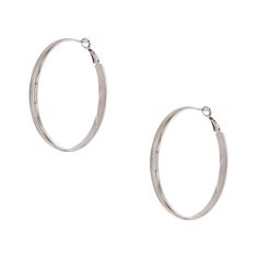 Flat Tube Hoop Pierced Earrings White Gold Plated 2.25'' Diameter As worn by Hoda Kotb Polished Finish Hoop Earrings, Classic Small Hoop Clip-on Earrings, Classic Metal Hoop Earrings, Classic Metal Circle Hoop Earrings, Clip-on Hoop Earrings, Silver Clip-on Hoop Earrings, Flat Hoop Earrings, Triple Layer Necklace, Small Drop Earrings