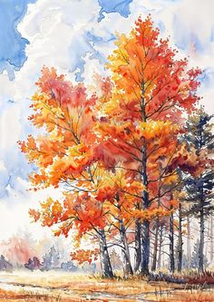 a painting of trees in the fall colors