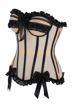 Full bust corset made of premium mesh fabric Underwire padded cups Ruffle & bow trim Side Zipper Closure Waist Tape Fully Steel Boned Lace-Up Back for cinching Fitted Nylon Corset With Removable Bra Pads, Underwire Nylon Corset With Straps, Elegant Nylon Corset With Boned Bodice, Elegant Nylon Corset With Boning, Underbust Nylon Corset With Boned Bodice, Elegant Nylon Corset With Underwire, Elegant Nylon Corset With Corset Back, Elegant Strapless Nylon Corset, Underbust Mesh Corset With Boned Bodice