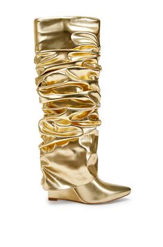 ZUMMA-GOLD WEDGE BOOT | AZALEA WANG Best Shoes For Women, Heels Trendy, Platform Combat Boots, Gold Boots, Boot Fashion, Sneakers Comfortable, Gold Wedges, Shoes Heels Classy, Stylish Heels