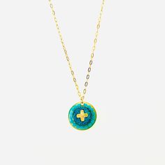 Hand Made Cross Pendant With Turquoise Beading And A 14k Gold Filled Chain. Necklace Measures 16” Length And The Charm Is About 3/4” Blue Medallion Jewelry With Adjustable Chain, Turquoise Pendant Necklace With Clavicle Chain, Blue Turquoise Necklace With Adjustable Chain For Gift, Blue Medallion Jewelry For Gifts, Blue Turquoise Necklace For Jewelry Making, Turquoise Medallion Gemstone Necklaces, Turquoise Medallion Gemstone Necklace, Blue Jewelry With Adjustable Chain And Round Pendant, Blue Turquoise Round Necklace For Gift