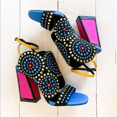 Rainbow Studded Chunky High Heel Colorful High Heels, Chunky High Heels, High Heel, Shoes Women Heels, Shoes Heels, High Heels, Rainbow, Women Shoes, Heels