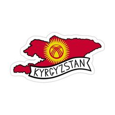 sticker with the name and map of kyrcyzstan in red on white background