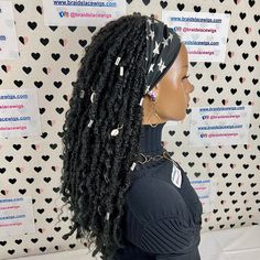 Ready To Ship. Goddess Handmade Faux Locs Braids Wavy Curls Spiral Spring Curl Curly Braided Headband Wigs For Black Women With Synthetic Curly Hair Individually hand braided fully hand made headband wig with adjustable strap and combs.   Texture: Medium size faux locs braids  Cap Style: Headband Wig Length: 20 inches  Color: Black Cap Size: One Size Other features: Straps in back and combs in nape and on sides  Free shipping to USA  THE WIG SHOWN IS THE EXACT WIG YOU WILL GET Headband Wigs For Black Women, Faux Locs Braids, Curly Faux Locs, Faux Dreads, Faux Loc, Synthetic Curly Hair, Braid Accessories, Curly Braids, Curly Crochet Hair Styles