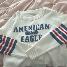 Women’s American Eagle Sweater White With Red And Blue Add-Ons Perfect Condition Never Worn Usa Sweater, American Eagle Sweater, Sweater White, Red Sweater, Shoulder Sweater, White Sweaters, Red Sweaters, White Blue, Red And Blue