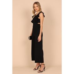 Looking for a jumpsuit that will make you feel like the life of the party? Look no further than this round neckline beauty! Featuring non adjustable straps with ruffle detail and a back opening with tie close, it's sure to turn heads. Elegant Ruffled Jumpsuits And Rompers For Date Night, Flirty Ruffled Jumpsuit For Date Night, Chic One-piece Jumpsuit For Evening, Sleeveless Cutout Jumpsuit For Night Out, Chic Evening One-piece Jumpsuits And Rompers, Flirty Sleeveless Jumpsuits For Evening, Summer Cutout Jumpsuits And Rompers For Date Night, Strapless Sleeveless Ruffles Jumpsuit For Date Night, Flirty Sleeveless Jumpsuits And Rompers For Evening