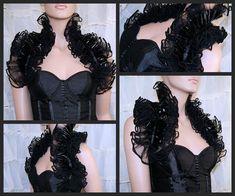 Lacy ruffles, pitch black noir, gothic formal, black tie The main fabric is a shimmery double ruffle of Pitch Black colored Bridal Tulle. Then another double ruffle of Shiny Black PVC (pleather). The edges are trimmed in contrasting Black piping. This elegant wrap is perfect for a little Formal Style. This is exactly what you need for a big event where you want to be remembered! This is such a quick way to add so much style to your evening wear. Once you get it, you are going to wonder why you w Party Satin Corset With Ruffles, Ruffled Overbust Corset For Party, Overbust Ruffled Corset For Parties, Evening Corset With Attached Cancan, Black Steampunk Corset For Party, Steampunk Black Party Corset, Formal Fitted Corset With Ruffles, Evening Corset With Ruffles, Formal Ruffled Fitted Corset