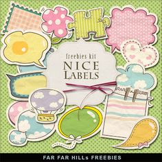 an assortment of paper goods with the words freebie's kit nice labels