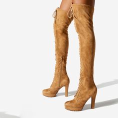 TAAFO Brown Vegan Suede Lace Up Thigh Platform Boots with Block Heels US 3 / EU 33-Brown Tea Outfit, Cowboy Shoes, Platform Boots Chunky, Boots Square Toe, Spot Lights, Suede Boots Knee High, Boots Suede, Thigh Boot, Fur Boots