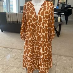 Fully Lined Polyester Giraffe Print Dress. Size Xxsp But Is Oversized In My Petite Experience. See Pics For Measurements- Pit To Pit Is Approx 17 Inches. Empire Waist, Tiers, Gold Accent Buttons. Never Worn, Still Has Tag. Giraffe Print Outfits, Casual Brown Tiger Print Dress, Giraffe Print Dress, Maternity Leopard Dress, Casual Leopard Print Maxi Dress With V-neck, Loft Dresses, Giraffe Print, Gold Accent, Tiered Dress