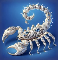 an intricately designed scorpion with blue eyes and white body, on a blue background