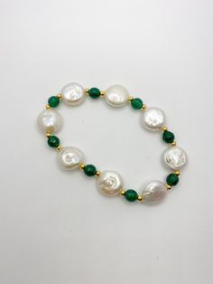 Emerald colored beads with pear beads Pear Bracelet, Bracelet With Beads, Emerald Bead, Miami Fl, Gold Beads, Pearl Bracelet, Pear, Jewelry Bracelets, Emerald