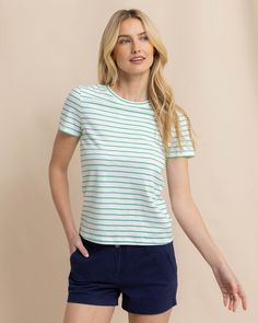 Coastal comfort is easy to achieve in a soft and standard striped tee. This soft cotton crew neck serves as the best base layer for an optimal oceanside outfit. Style: 10819 Everyday Horizontal Stripe Short Sleeve T-shirt, Casual Fitted Tops With Horizontal Stripes, Casual Fitted Top With Contrast Stripes, Fitted Casual Tops With Contrast Stripes, Fitted Casual Top With Contrast Stripes, Casual Fitted Top With Striped Hem, Relaxed Fit Cotton Top With Striped Hem, Everyday Cotton Tops With Striped Hem, Fitted Horizontal Stripe Crew Neck Top