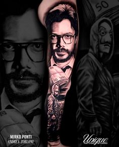 a man with glasses on his arm is shown in this black and white tattoo design