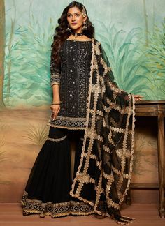 Black Gharara, Pakistani Attire, Mukesh Work, Gharara Suits, Sharara Designs, Indian Pink, Sharara Gharara, Traditional Clothes, Gold Thread