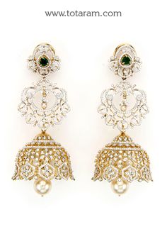 18 karat gold '4 in 1' detachable diamond jhumkas - diamond dangle earrings with color stones & culture pearls
  this product has inter changeable stones in the earrings
  width of the jhumka : 1.20 inches 
  note: only the front side has diamonds as shown in the picture, the back part of the jhumka which is not visible from the front is only gold without diamonds  

  elevate your style with our exquisite 18 karat gold '4 in 1' detachable diamond jhumkas from totaram jewelers, h Yellow Gold Chandbali Jhumkas For Reception, Gold Diamond Bridal Earrings With Latkans, Gold Bridal Earrings With Diamond Latkans, Gold Diamond Jhumkas In Temple Jewelry Style, Gold Diamond Temple Jewelry Jhumkas, Bollywood Diamond Gold Jhumkas, Bollywood Gold Diamond Jhumkas, Bollywood Style Diamond Gold Jhumkas, Bollywood Style Gold Diamond Jhumkas