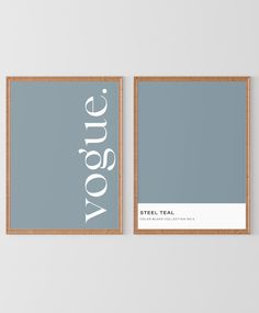 two framed posters with the words yose and stell tea in white on them