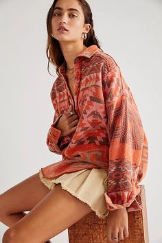 Arizona Sky Pullover | Free People Fall Graphic Print Relaxed Fit Blouse, Relaxed Fit Graphic Print Blouse For Fall, Collared Graphic Print Top For Fall, Oversized Fall Blouse With Graphic Print, Oversized Graphic Print Blouse For Fall, Fall Collared Printed Tops, Fall Printed Collared Tops, Bohemian Tops With Pockets For Fall, Oversized Bohemian Tops With Pockets