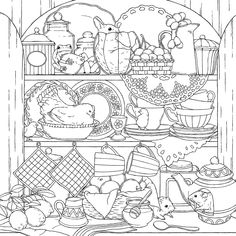 a shelf filled with lots of food and dishes