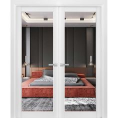 an image of a bedroom through the glass doors to another room with a bed in it