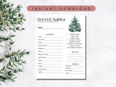 an instant printable secret santa list with green leaves on the side and text that reads instant