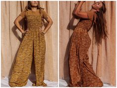 "🌞Our favorite silk hippie boho wide leg jumper is back! Now in 3 gorgeous colors. Fits XS-2X. Has pockets and a Stretchy top fitting comfortably up to 44\" waist and bust. 🔥Tie straps allow for strapless fit or shoulder bows! 🌍Length fits best on heights 5'5\" to 6' OR wear with heels/boots for heights 5'4\" and shorter. 🌲SMALL BATCH LIMITED RELEASE- once these prints sell out they won't return! We may* restock with new prints once made in 4-6 weeks. Ethically and sustainably handmade for G Bohemian Flowy Sleeveless Jumpsuits And Rompers, Bohemian Flowy Sleeveless Jumpsuit/romper, Bohemian Sleeveless Flowy Jumpsuit, Flowy Sleeveless Bohemian Jumpsuit/romper, Bohemian Flowy Sleeveless Jumpsuit, Bohemian Non-stretch Jumpsuits And Rompers For Vacation, Bohemian Non-stretch Jumpsuits And Rompers For Beach, Bohemian Overalls Jumpsuits For Festival, Bohemian Overall Jumpsuits And Rompers For Festival