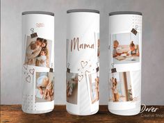 three white canisters with photos on them and the words grand mum written in brown