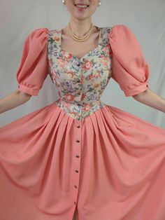 Most beautiful vintage dress with puffy sleeves  Bodice pastel floral print  fabric composition:cotton,linen  Size:40eu/ 14uk /xl,tags shows 12uk New condition measurements is: ~bust 48cm/19 inch*2 ~waist 43cm/17 inch *2 ~length 120cm/47 inch Bavarian Dress, Dress With Puffy Sleeves, Cottage Core Dress, Floral Cottage, Dirndl Dress, Modest Dresses Casual, Flower Print Dress, Puffy Sleeves, Dress Floral