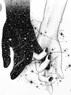 two hands holding each other with stars in the sky above them and on top of one another