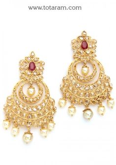 Chandbali Earrings -22K Gold Uncut Diamond Drop Earrings with Ruby & japanese culture Pearls - 235-DER705 - Buy this Latest Indian Gold Jewelry Design in 25.900 Grams for a low price of $1,990.48 22 Karat Gold Jewelry, Uncut Diamond Necklace, Chand Bali, 22 Carat Gold Jewellery, Indian Gold Jewelry, 22k Gold Jewelry, Chandbali Earrings, Gold Jewelry Stores, India Jewelry