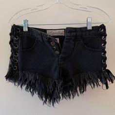 Never Worn! Edgy Washed Black Shorts, Edgy Cutoff Jean Shorts For Night Out, Edgy Washed Black Jean Shorts With Frayed Hem, Edgy Washed Black Shorts With Frayed Hem, Summer Distressed Bottoms For Night Out, Edgy Ripped Washed Black Jean Shorts, Edgy Distressed Washed Black Jean Shorts, Edgy Washed Black Ripped Jean Shorts, Edgy Black Jean Shorts With Frayed Hem