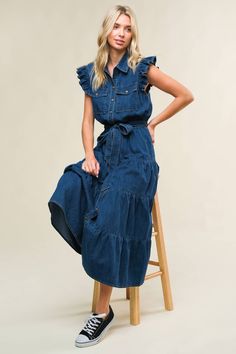 A washed denim midi dress featuring shirt collar, snap button down, ruffled sleeve, front pockets, elasticized waist, self sash tie and tiered skirt Details: Self : 80% Cotton 20% Polyester Size & Fit - Model is 5`7" And Wearing Size Small- Measurements Taken From Size Small- Approx. Length: 50" Peasant Dresses, Curvy Maxi Dress, What To Wear Fall, Skirt Details, Denim Essentials, Fuchsia Dress, Denim Midi Dress, Pajama Dress, Resort Dresses