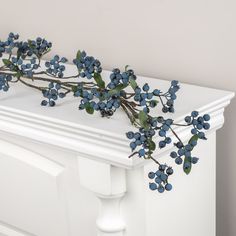 some blue berries are on top of a white mantle